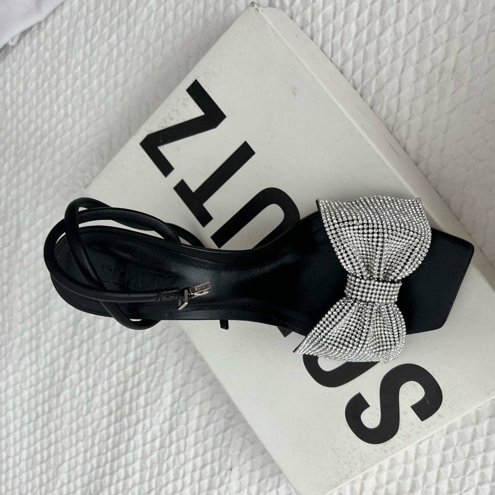 Black Slingback Heels with Crystal Bow